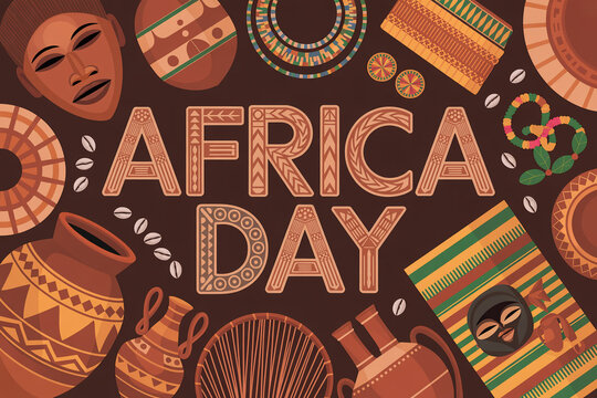 Africa Day celebration banner with traditional tribal masks, ethnic pottery and patterns, cultural heritage illustration in warm brown and orange tones