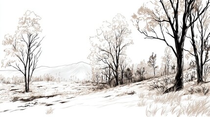Obraz premium Serene Landscape with Trees and Mountains in Neutral Tones