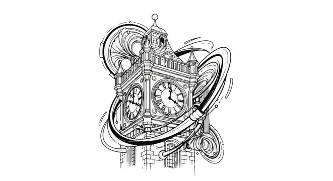 Intricate line art of a clock tower with swirling abstract lines