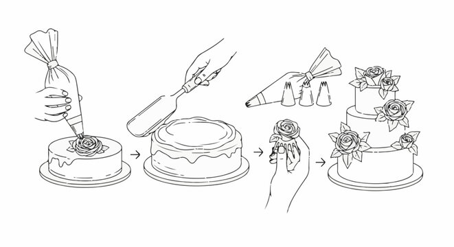 Illustrating the steps to create a tiered cake decorated with piped roses