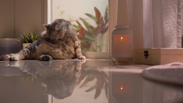 Close-up of fat gray tabby cat staring at a candle, then rising to lick its chubby belly before looking back at the light. Warm morning sunlight and shadows create a peaceful home mood.