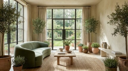 Fototapeta premium Elegant living room with curved sofa and large windows overlooking a garden