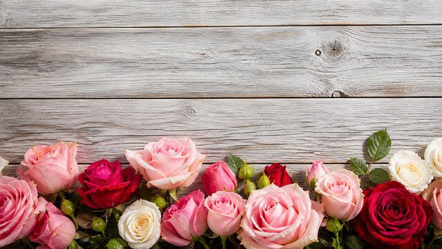 Fresh roses border on rustic wooden background with natural texture for mothers day valentines day birthdays weddings womens day teacher day greeting banner template design