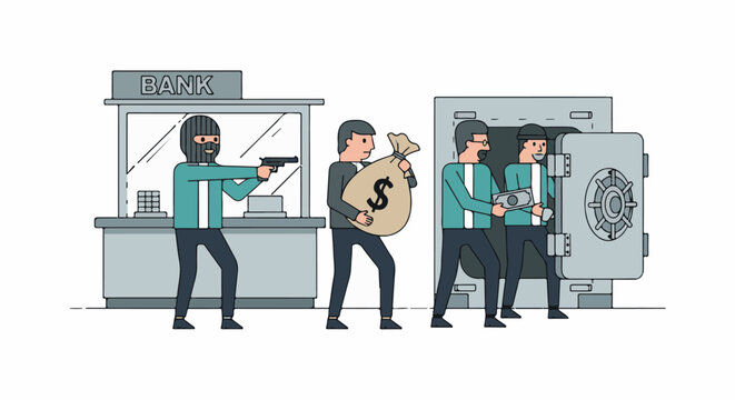 Masked robber holds gun at bank teller while others steal money from safe