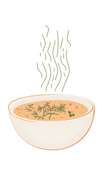 A warm bowl of hearty soup, garnished with fresh dill, emanates steam, suggesting a delicious and comforting meal ready to be enjoyed