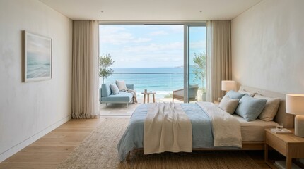 Fototapeta premium Serene bedroom with ocean view and balcony, perfect for relaxation