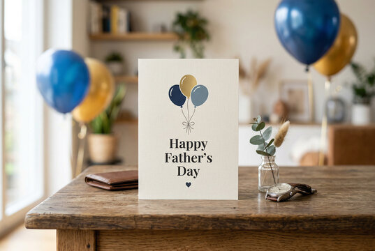 Happy fathers day card and balloons on wooden table best dad celebration holiday background object.