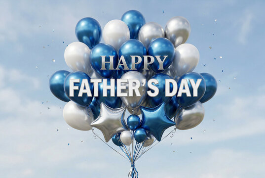 Happy fathers day blue and silver balloons sky background celebration for dad.