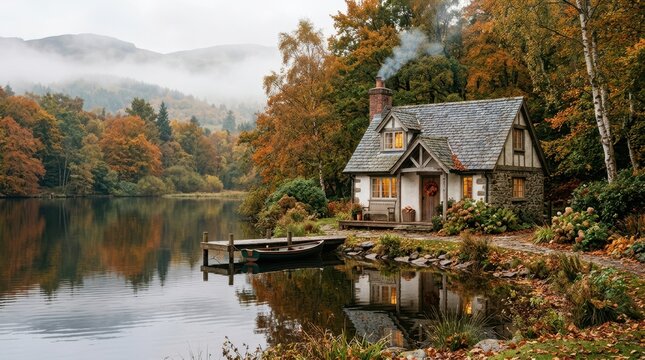 Cozy cottage by a tranquil lake surrounded by vibrant autumn foliage