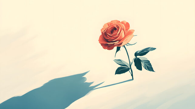 A single radiant orange rose casts a long shadow on a softly lit, textured surface, evoking feelings of beauty and solitude