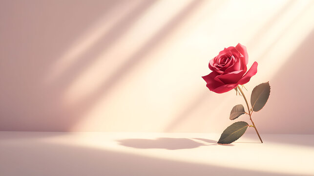 A single elegant red rose bathed in soft, dappled sunlight, casting a gentle shadow on a pastel-toned background