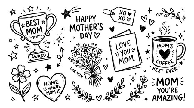 A collection of hand-drawn doodle illustrations celebrating Mother's Day with a trophy, flowers, coffee, and heartfelt messages.
