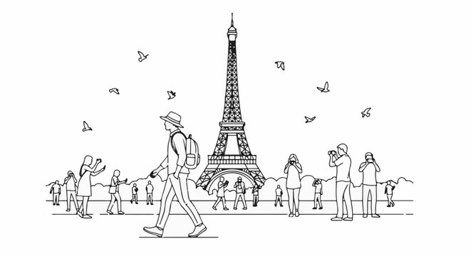 Line drawing of people near Eiffel Tower with birds flying