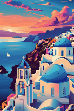 Greece Landmark Retro Poster &ndash; Santorini Sunset &ndash; Warm Retro Palette