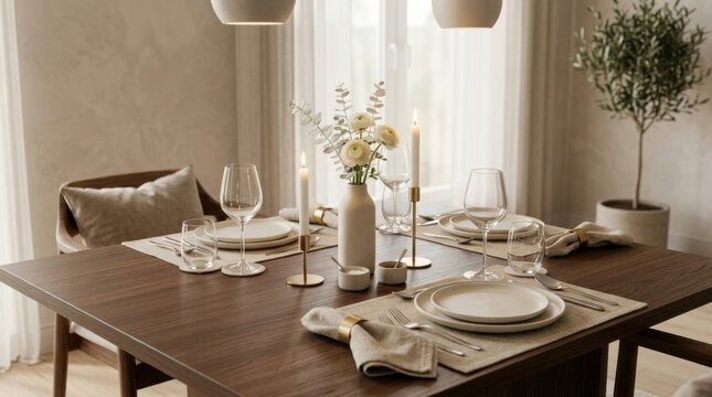 Elegant Dining Table Setting with Candles and Greenery
