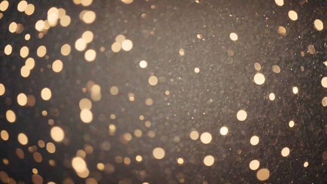 Dreamy golden bokeh background featuring soft glowing light orbs and shimmering dust particles floating over a dark, textured surface, perfect for elegant festive celebrations and luxury holiday.
