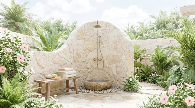 Tropical outdoor shower with stone wall and lush green plants