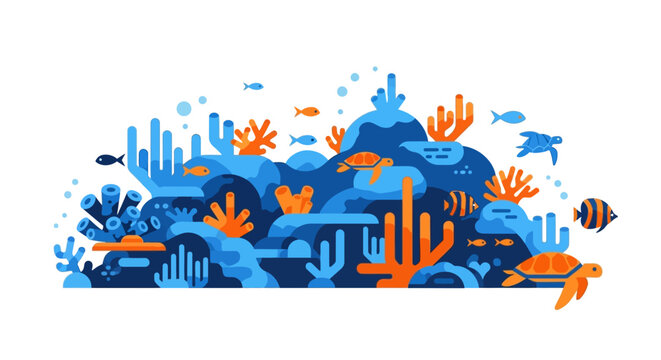 Stylized coral reef with fish and turtles in flat design