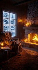 Fototapeta premium Cozy Winter Scene - Fireplace, Window, and Warmth.