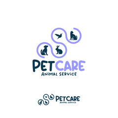 Obraz premium Modern pet care logo design concept featuring dog, cat, rabbit, and bird silhouettes a strong brand identity. Pet service logo vector template