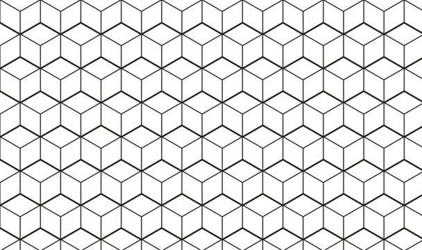 Seamless Isometric Cube Pattern, Minimalist Black and White Geometric Line Art, Modern 3D Hexagon Grid Background for Tech and Architectural Design 