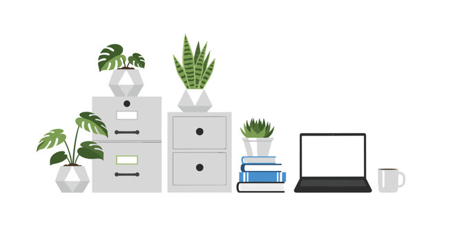 A sleek modern workstation display shows two stacked gray filing cabinets beside a laptop and a stack of blue books in a minimalist office environment.