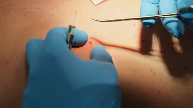 Surgeon hands use forceps for mole removal from patient skin in hospital slow motion. Dermatologist cuts out melanoma in clinic closeup