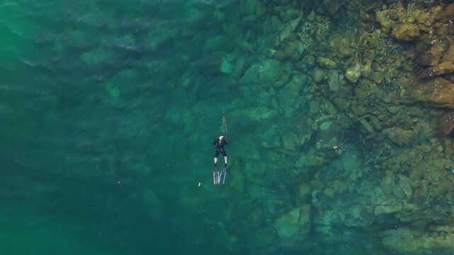 Aerial view of the spearfisherman hunting in the sea. Aerial top down view of the hunter in the water