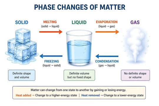 Science classroom infographic illustrating states of matter and phase transitions with clear labels