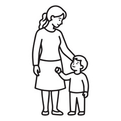 Fototapeta premium Simple black and white line art illustration of a loving mother standing with her young son for children's coloring activity.
