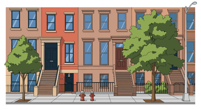 Street view of classic brownstone residential buildings with steps and trees in quiet urban neighborhood environment.