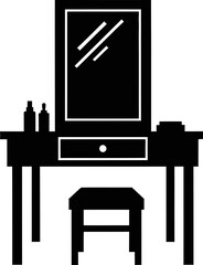 Fototapeta premium Black makeup vanity and stool with bottles and mirror reflection vector eps illustration.