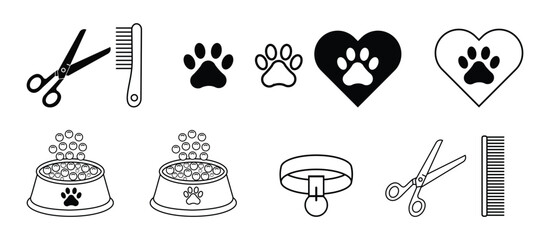 Pet care icon set. Vector set of cat paw prints, food and heart icons. Pet care and veterinary accessories vector set for animal grooming and care. Vector illustration. © Jerrymoon