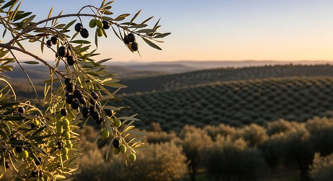 Ripe olives on branches of an olive tree with a vast olive grove in the background at sunset