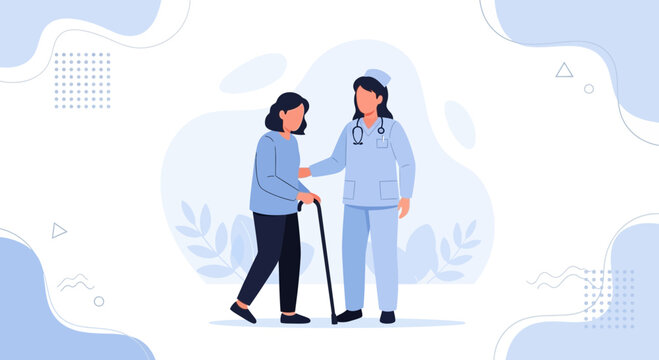 Nurse assisting elderly woman with walking cane, healthcare support, medical care concept
