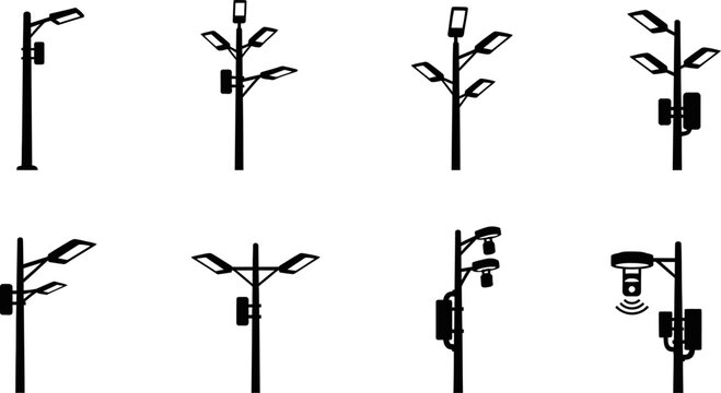 Smart street lamp lighting technology pole light city infrastructure eps graphic icon set.