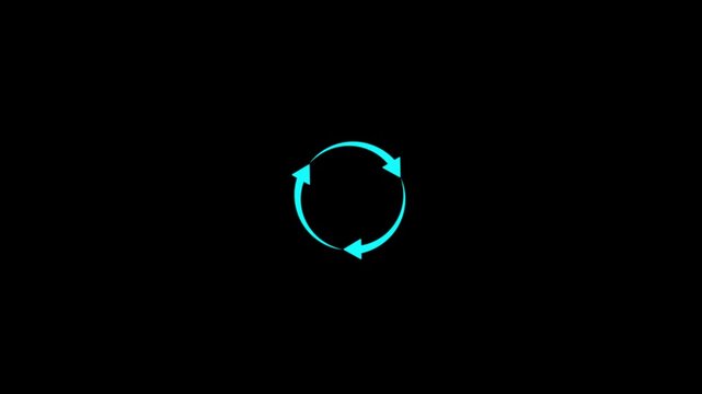 Three sky blue arrows forming a circular rotation symbol on black background.refresh arrow icon Abstract arrow refresh and recycle icon.arrow loading bar animation.