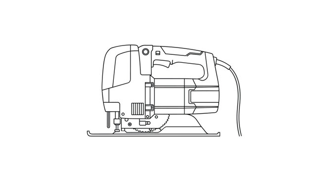 Detailed black and white line art drawing of electrical jigsaw power tool for construction and diy carpentry projects.