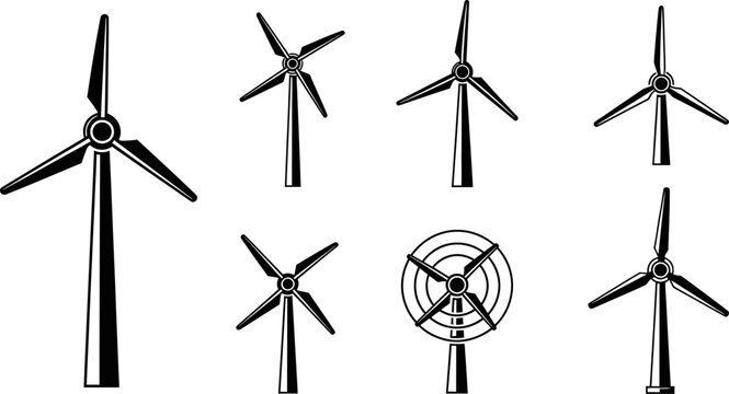 Multiple designs of industrial wind turbine power generator icons in black eps format.