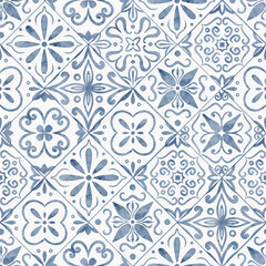 Seamless watercolor pattern of blue ceramic Tiles with ornamental motifs and symmetry. Decorative Mediterranean background for interior design, wall and floor decor, textile, packaging and surface. © Alisles
