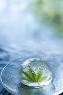 Summer Zen: Cool Mizu Manju with Ao-momiji Leaf and Copy Space
