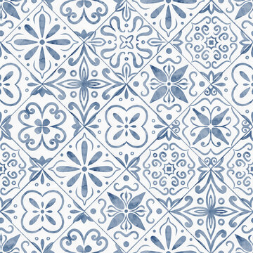 Seamless watercolor pattern of blue ceramic Tiles with ornamental motifs and symmetry. Decorative Mediterranean background for interior design, wall and floor decor, textile, packaging and surface.