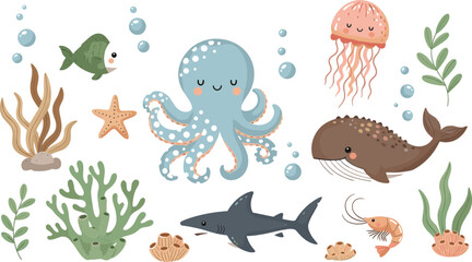 Cute underwater sea animals vector set with octopus jellyfish shark whale fish and coral, adorable ocean creatures collection for kids illustration design © Yevhenii creative