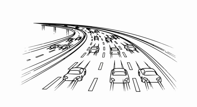 Line art sketch of a multi-lane highway with cars in motion and an overpass
