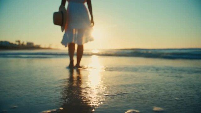 Golden sand glows beneath bare feet. Waves lap at ankles as sun dips low. Silhouetted figure walks, carrying light, calm. Soft light hints at peace and escape