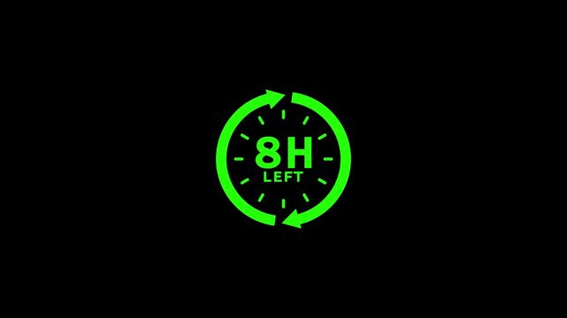 24 hours clock with circle arrow and the numbers 8 Hour left. video animation on alpha channel background, Clock timer, time passage waiting time. countdown, motion, second, wall, black, measurement,