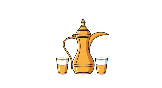 Traditional golden Arabic coffee pot called a dallah with two small handleless cups against a clean white background.