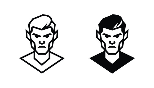 Fantasy elf character portrait icon set with sharp ears in clean line and solid black vector graphic style