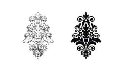 Elegant floral damask ornament in linear and solid black silhouette style for luxury invitation and vintage graphic design © Kinetic