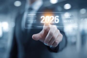 Fototapeta premium Businessman touching future year 2026 on digital screen